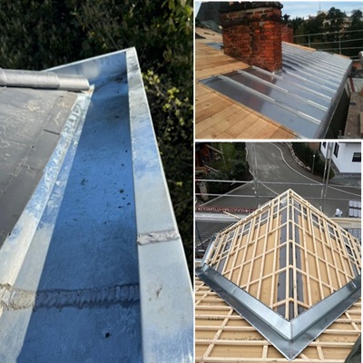 Travaux de zinguerie sur toiture : pose de chéneaux, noues et habillage de cheminée en zinc soudé. Étanchéité professionnelle par Protec Toiture.